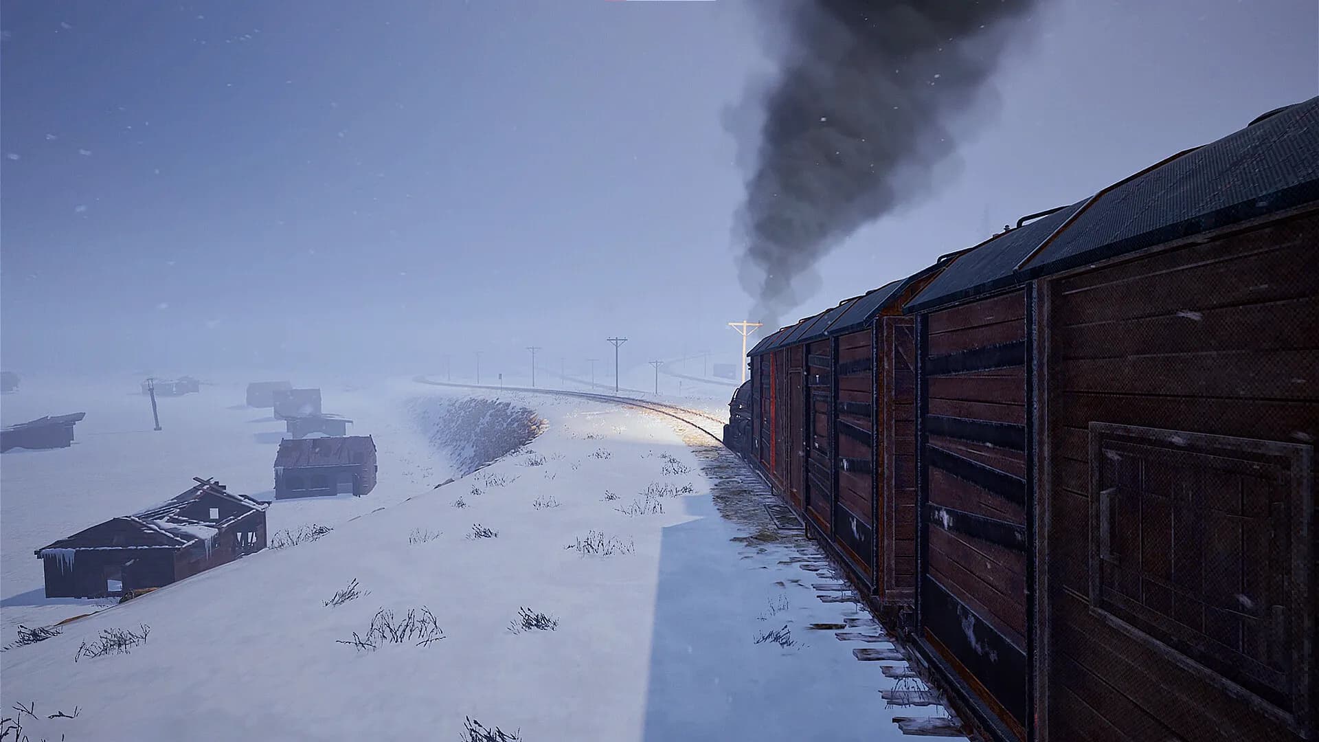 A train beside snow-covered tracks beneath a plume of dark smoke in Frostrail.